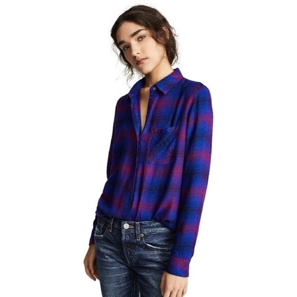 Rails Hunter Button Up Flannel In Plaid Top SMALL Azure & Scarlet - Picture 3 of 10
